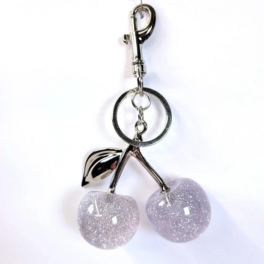 Bag Charm Keychain Glitter Resin Double Cherry Silver Womens Blossom Fairycore